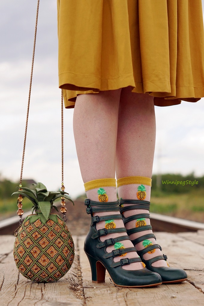Winnipeg Style Choies cat pocket embroidered cotton blouse shirt, Tabbisocks clear pineapple crew socks, Mary Frances pineapple punch beaded handbag, Miss L Fire green leather Elizabeth buckled shoes, BCBG Max Azria cat ears straw hat, Forever 21 mustard yellow midi skirt